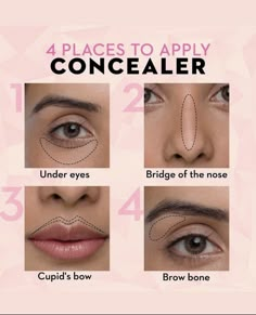 Concealer Vs Highlighter, Radiant Makeup Look, Concelear Makeup Tutorial, Concealer Placement Chart, Only Concealer Makeup Look, Concealer Only Makeup Look, Where To Apply Makeup, Concealer Tips How To Apply, Where To Put Makeup On Face