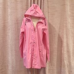 Soaked In Luxury Pink Long Raincoat Nwt Szm W/ Hoodie Luxury Solid Color Hooded Raincoat, Pink Hooded Raincoat For Fall, Long Sleeve Raincoat With Drawstring Hood For Cold Weather, Long Sleeve Raincoat For Cold Weather Spring, Spring Long Sleeve Cold Weather Raincoat, Spring Cold Weather Long Sleeve Raincoat, Casual Pink Outerwear For Rainy Weather, Casual Pink Waterproof Outerwear, Pink Hooded Raincoat For Winter