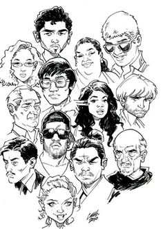 a black and white drawing of people with glasses on their faces, all looking different