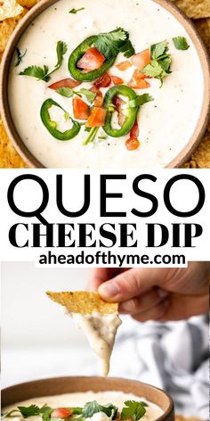 queso cheese dip in a bowl with tortilla chips and garnishes