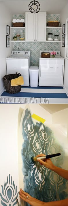 two pictures show the inside of a room with washer and dryer in it