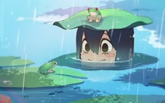 a cartoon character floating in the water with a frog sitting on top of her head