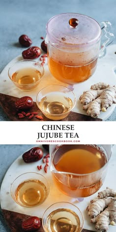 two pictures of different types of teas on a plate with ginger and other ingredients