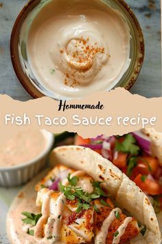 fish taco sauce recipe is shown in this collage