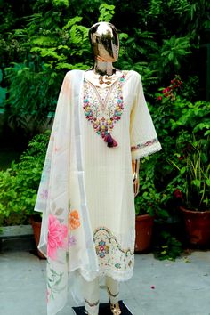 Off white floral  thread work  yoke design  embroidered Salwar Kameez Set/Kurta Palazzo Dupatta Set/ Indian Dress Women/ Plus Size Kurta Set   solid kurta with palazzos and dupatta Product Details White embroidered Kurta with Trousers with dupatta Kurta design:  * Floral embroidered * Straight shape * Regular style * Round neck, three-quarter regular sleeves * Na pockets thread work detail * Calf length length with scalloped hem * Pure cotton machine weave fabric Trousers design: * Embroidered T Bohemian Semi-stitched Lawn Suit For Wedding, Unstitched Off-white Anarkali Set With Dabka Work, Unstitched Off White Anarkali Set With Dabka Work, White Churidar With Dabka For Eid, Multicolor Floral Embroidered Lawn Suit For Spring, Spring Lawn Suit With Multicolor Resham Embroidery, White Dabka Churidar For Eid, Spring Multicolor Lawn Suit With Floral Embroidery, Bohemian Cambric Straight Kurta Set