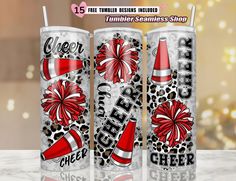 three personalized tumblers with bows and cheetah on them for cheer week