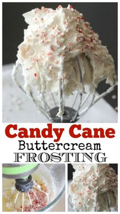 a collage of pictures showing how to make a candy cane buttercream frosting