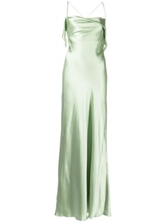 sage green silk bias cut cowl neck thin shoulder straps sleeveless long length Green Victorian Dress, Sage Green Gown, Light Green Gown, Cowl Neck Gown, Gown Green, Jade Dress, Long Green Dress, Michelle Mason, Green Gown