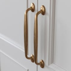 a close up of a door handle on a white cabinet