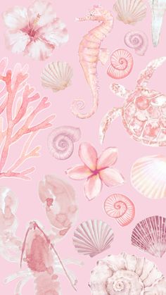 a pink wallpaper with shells and seahorses in pastel colors on it