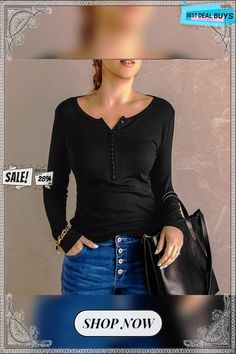 Button Fashion Long Sleeve Pullover Casual T-shirt Women's Top Henley Neckline T-shirt With Buttons For Spring, Everyday Henley Neckline Top With Button Closure, Casual Henley With Buttons For Fall, Henley Neckline Button T-shirt For Spring, Henley Neckline Buttoned T-shirt For Spring, Casual Solid Henley With Buttons, Trendy Long Sleeve Tops With Snap Buttons, Casual Henley With Buttons And Crew Neck, Everyday Tops With Buttons