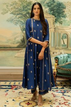 Electric blue chiniya silk anarkali with butti motifs, mirror and zari hand embroidery. Comes with pant. - Aza Fashions Electric Blue Color, Kurta Pants, Silk Anarkali, Blue Kurta, Embroidered Anarkali, India Dress, Antique Embroidery, Ladies Wear, Blue Fits