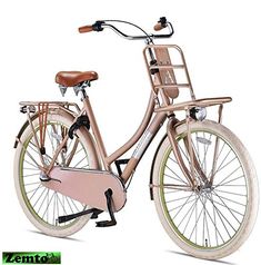 a pink bicycle with a basket on the front and back wheel, parked against a white background