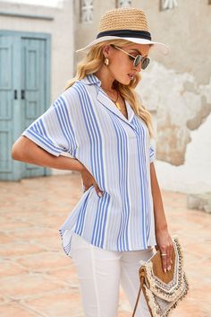 Sky Blue Loose Button Back Striped Blouse