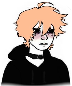 a drawing of a person with pink hair and black eyes