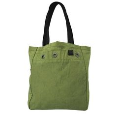 a green tote bag with black handles