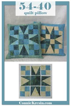 two pillows with blue and green quilting on the covers, one has a star design