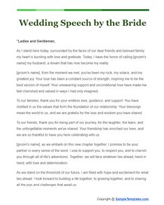 the wedding speech by the bride is written in green and white font on a white background