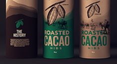 three cans of cacao next to each other on a black background with the words, toasted cacoa and nibs