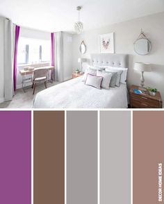 a bedroom with white walls, purple curtains and bedding in shades of greys