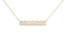 The At the Bar 7 baguette necklace is a classic piece, for a classic lady. 7 gorgeous baguettes sitting up at a solid 18k recycled gold bar. 7 ethically sourced baguette diamonds Total carat weight: 0.7 18K recycled yellow gold Measurements: 4.4mm/.17 inches high, 22.3mm/.88 inches wide This is a GIFT THAT GIVES BACK! Click here to see how. The 1.1mm cable chain is adjustable to be worn at 16 or 18 inches because hey, we like options. Please allow 3 weeks for us to make and ship your special pie Jewelry Gold Necklaces, Necklace Trends, Baguette Necklace, Trending Necklaces, Baguette Diamonds, Gemstone Necklaces, Necklaces Gold, Ethical Jewelry, 18k Gold Jewelry