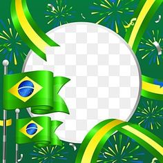 a green and yellow background with flags, fireworks and streamers in the shape of a circle