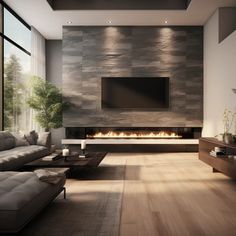 modern living room with fireplace and large screen tv on the wall, wood flooring