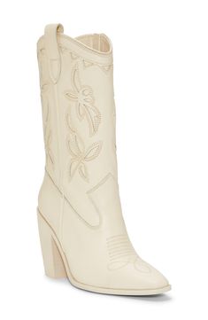 Classic embroidery, a notched topline and square toe give Western-inspired style to this leather boot. 3 1/2" heel 9 3/4" shaft Side zip closure Leather upper/synthetic lining/rubber sole Imported Spring Rodeo Heeled Boots With Reinforced Heel, Western Style Mid-calf Boots With Block Heel For Spring, Stacked Heel Snip Toe Boots For Spring, Spring Boots With Stacked Heel And Snip Toe, Western Almond Toe Boots For Spring, Western Style Mid-calf Boots With Reinforced Heel For Spring, Spring Western Almond Toe Boots, Spring Stacked Heel Snip Toe Boots, Beige Snip Toe Heeled Boots For Spring