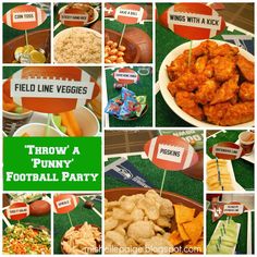 a collage of photos with football themed food and snacks on the table for a gameday party