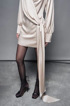 FORTYTHREE - CHAMPAGNE SILK DRAPED DRESS - ASTOUD Luxury Silk Mini Dress With Draped Sleeves, Luxury Pre-draped Silk Mini Dress, Luxury Knee-length Silk Shirt Dress, Luxury Pre-draped Silk Bias Cut Dress, Luxury Pre-draped Silk Draped Skirt, Silk Drape Dress, Draped Dress, Hip Length, Length Sleeve