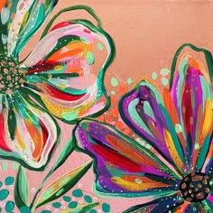 an abstract painting of flowers on pink and orange background with green dots around the petals