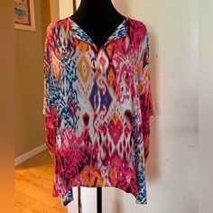 100% Polyester Fabric, Bright Multi Color Fabric, Short Crop Sleeve, Split Neckline, Flat Measurements: P To P 32’ Length 26’ Casual Multicolor V-neck Tunic, Colorful V-neck Blouse For Beach, Colorful V-neck Blouse For Vacation, Flowy V-neck Tops For Beach Cover-up, Summer Long Sleeve Patterned Blouse, Pink V-neck Blouse For Vacation, Multicolor Long Sleeve Summer Blouse, Multicolor Tunic Top For Vacation, Casual Multicolor Tunic Blouse