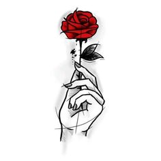 a drawing of a hand holding a red rose with the word love written on it