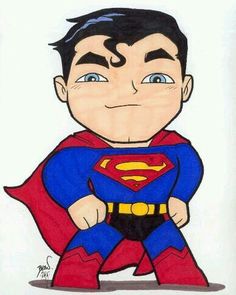 a drawing of a cartoon superman with blue eyes and a red cape on his chest