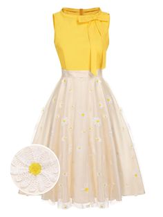 [Pre-Sale] Yellow 1950s Daisy Bowtie Patchwork Dress – Retro Stage - Chic Vintage Dresses and Accessories 1950s Style Yellow Vintage Dress For Spring, Yellow Vintage Dress 1950s Style For Spring, 1950s Style Vintage Yellow Dress For Spring, Yellow Vintage Dress, 1950s Style For Spring, Retro Spring Dresses With Bow, Spring Yellow A-line Vintage Dress, Yellow Retro Vintage Dress For Garden Party, Yellow Spring Dress With Bow, Yellow Vintage Dress For Garden Party