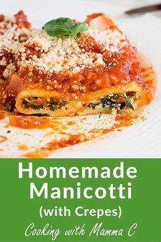 homemade manicotti with crepes cooking with mama c on the side and text overlay that reads, homemade manicotti with crepes cooking with mama c