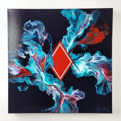 an abstract painting with blue, red and black colors