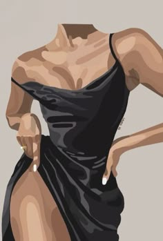 a painting of a woman in a black dress with her hand on her hip and one arm behind her back