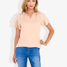 Elevate your everyday style with the Anna-Kaci Women's Short Sleeve V-Neck Blouse, a chic piece that combines comfort with elegance. This blouse is designed to flatter with its V-neckline and adds a playful touch with double layer ruffle sleeves.

- Size: X-Large
- Color: Beige
- Material: Lightweight, breathable fabric
- Gender: Female
- Age Group: Adult

Ideal for a variety of occasions, from casual outings to more formal gatherings, this blouse pairs effortlessly with jeans, skirts, or tailor Chic Spring Blouse With Notched Neckline, Chic Spring Top With Notched Neckline, Chic Tops With Notched Neckline For Spring, Feminine Spring Tops With Split Neck, Feminine Split Neck Tops For Spring, Chic V-neck Top With Notched Neckline For Spring, Chic Solid Top With Notched Neckline, Versatile Beige V-neck Blouse, Chic V-neck Short Sleeve Top For Spring