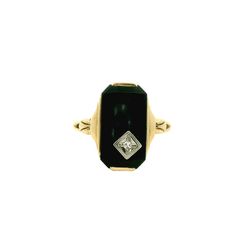 We have a gorgeous yellow gold, black onyx and diamond antique ring, featuring a rectangular black onyx center stone with one single cut diamond. Timeless and elegant! This ring would make a lovely gift for someone special or even just a special treat for yourself. A great everyday piece that will last for years to come. Antique Ring - Antique 10k Yellow Gold Black Onyx & Diamond Ring 10k Yellow Gold Black Onyx 1 Single Cut Diamond =.01ct Ring Size 5.75 (sizable) Ring measures approximately 15.8mm tall in the center, back of shank is 1.7mm wide. Please read our shop policies prior to purchase. Thanks for looking and contact us with any questions. Classic Black Onyx Diamond Ring, Classic Black Diamond Ring With Black Enamel, Classic Onyx Diamond Ring, Black Rectangular Stone Ring For Anniversary, Rectangular Onyx Ring For Formal Occasions, Black Rectangular Signet Ring For Formal Occasions, Classic Black Signet Ring, Classic Black Rectangular Ring, Black Rings With Rectangular Stone For Anniversary