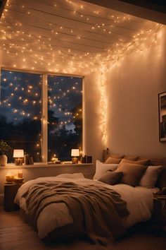 a bed sitting under a window covered in lights