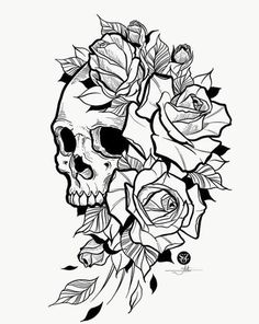 a skull and roses tattoo design