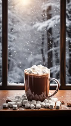 hot chocolate with marshmallows in front of a snowy window