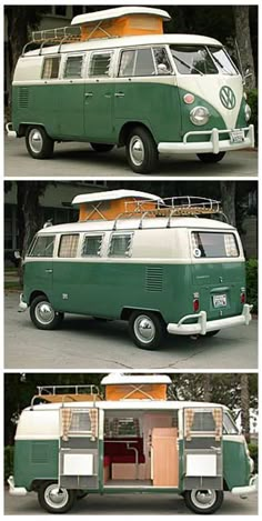 two pictures of an old vw bus with surfboards on the top and bottom