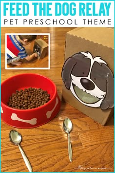 a dog bowl with food in it next to a cardboard box and spoons on the table