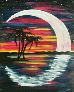 an acrylic painting of palm trees and the moon over water at night with stars in the sky