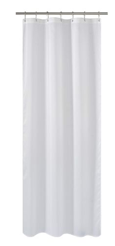 a white shower curtain hanging on a metal rod