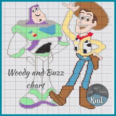 woody and buzz chart cross stitch pattern with the words woody and buzz chart on it