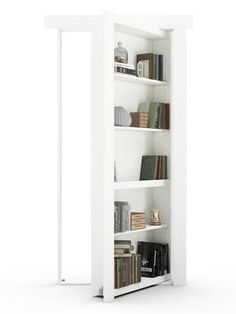 an open book shelf with books on it