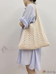 Bird in Bag - Solid Color Knit Tote with Stylish Hollow Out Design Casual Beige Knitting Pattern, Casual Beige Knit Knitting Pattern, Casual Cream Crochet Bag For Everyday, Casual Knit Knitting Pattern, Cream Crochet Bag For Spring, Casual Cream Crochet Bag For Spring, Casual White Knitting Pattern, White Casual Knitting Pattern, Casual Summer Knitting Pattern